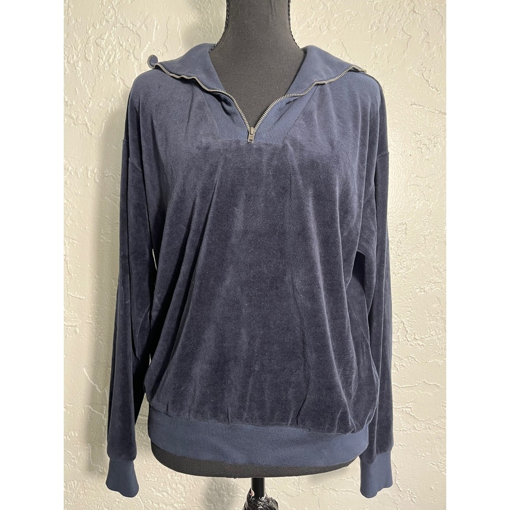 Stateside Velour Quarter Zip Pullover Women M Navy Blue Y2K Made in USA